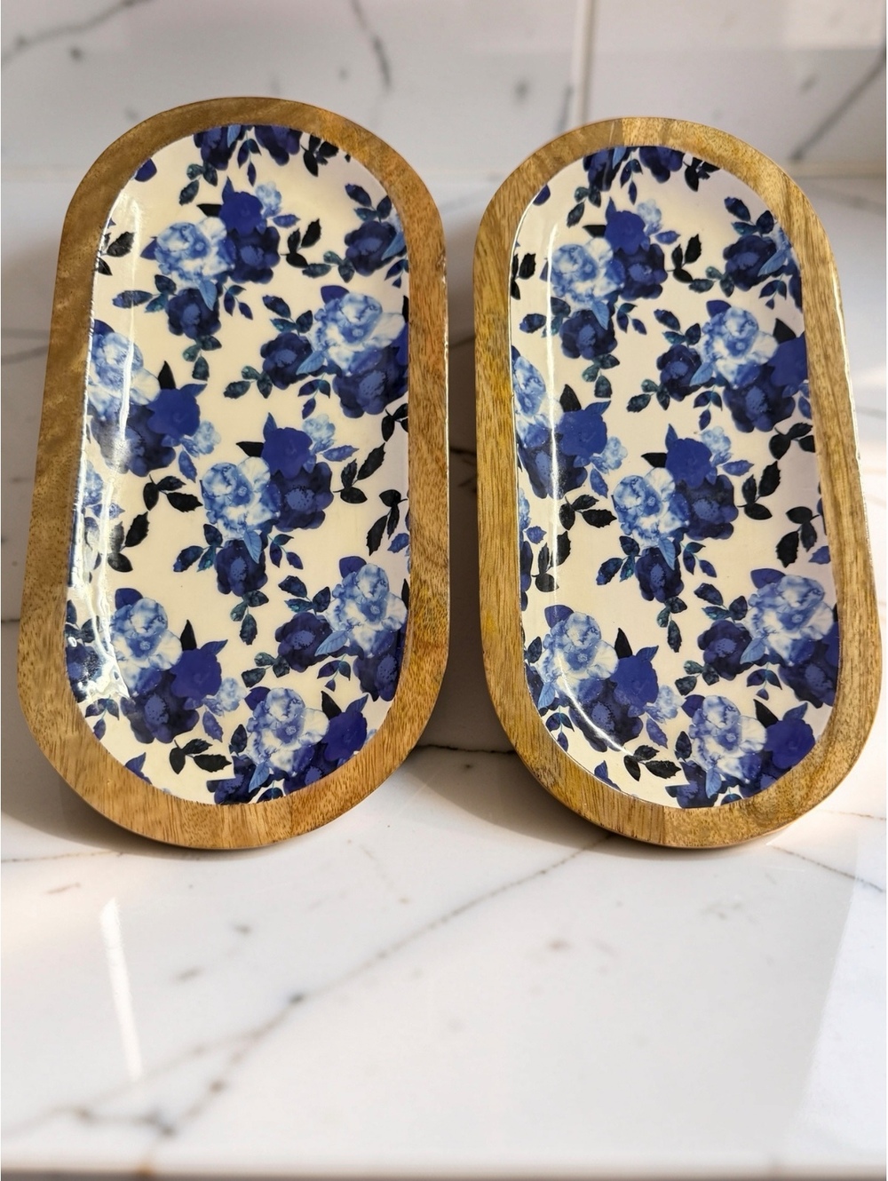 Set of 2 Mango Wood Blue Floral Decorative Trays Made in India